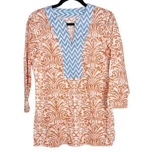 J McLaughlin XSmall XS Coral Orange Blue Printed Split V Neck Tunic Cotton Top